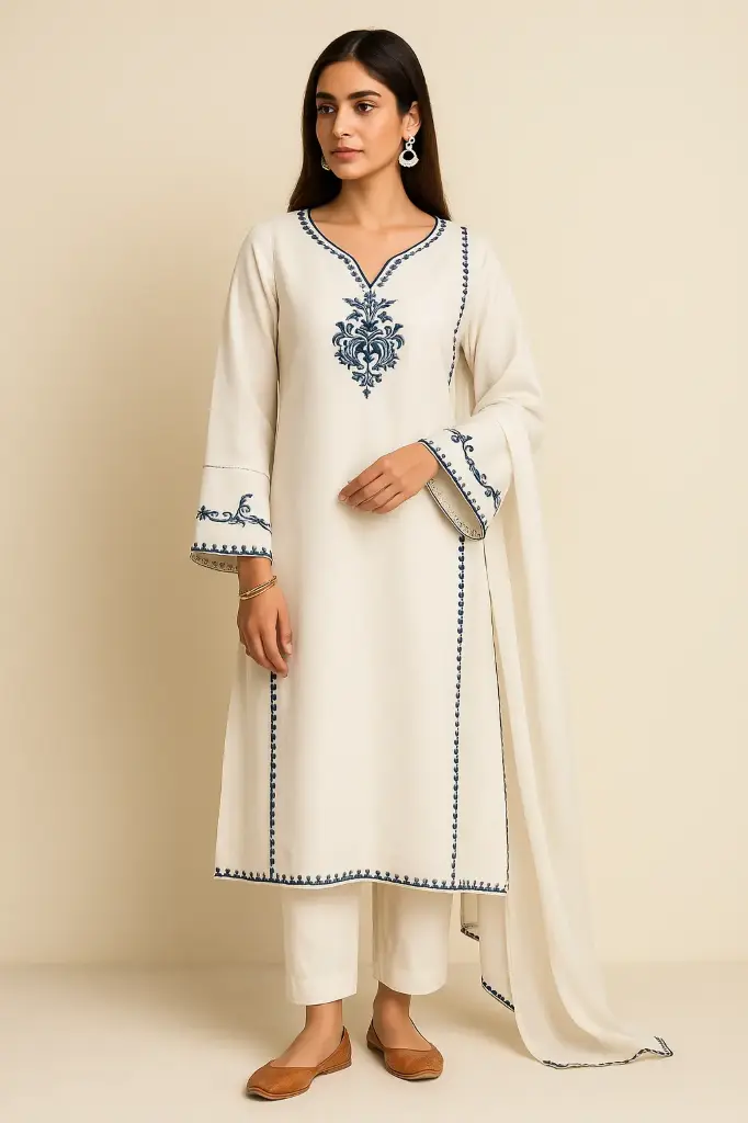 Ivory Kurta Set with Navy Blue Hand Embroidery & Matching Dupatta – Festive Cotton Suit for Women