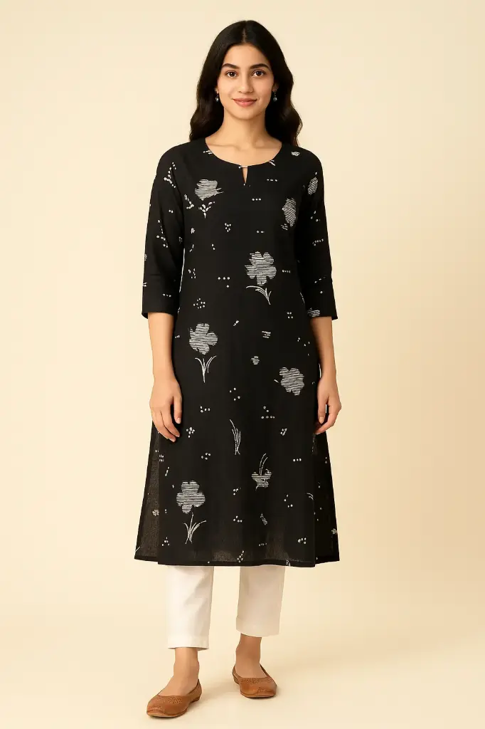 Black & White Abstract Floral A-Line Kurta – Lightweight Cotton Everyday Wear for Women