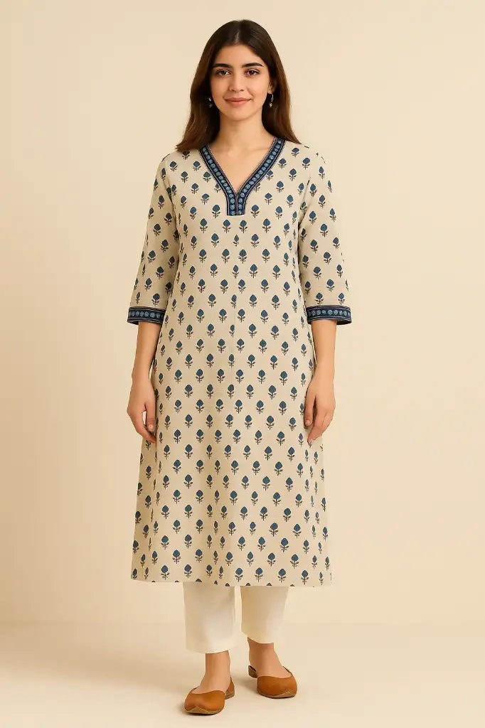 Beige Block-Print Cotton Straight Kurta with Indigo Border – 3/4-Sleeve Traditional Wear
