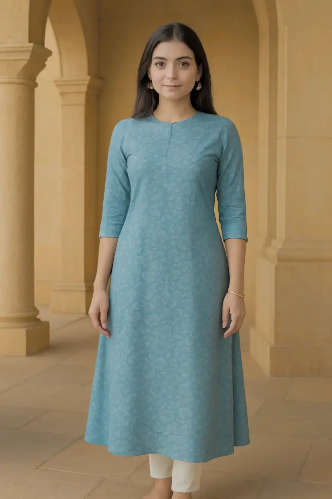 Teal Blue Jacquard A-Line Kurta – Minimalist Cotton Blend 3/4-Sleeve Women’s Dress