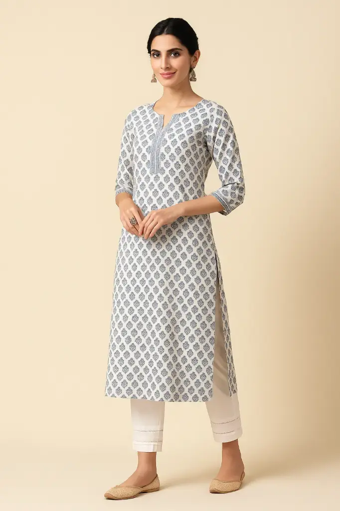 Elegant Blue and White Printed Kurta Set with White Pants – Ethnic Wear for Women