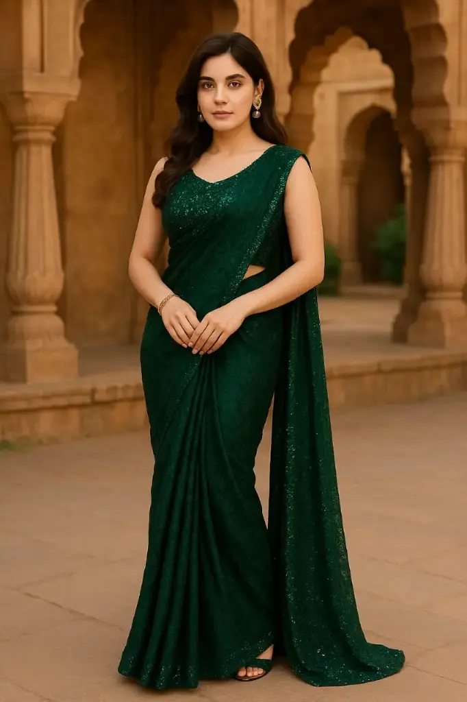 Emerald Green Sequin Party Wear Saree