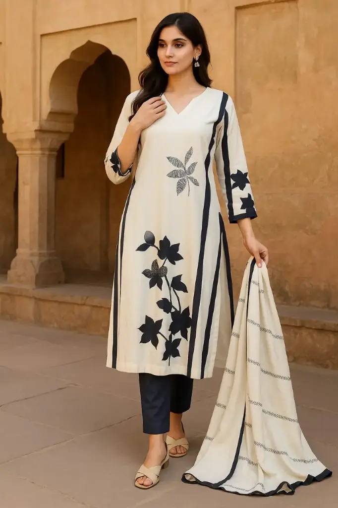 Kurti set beige black floral print women fashion