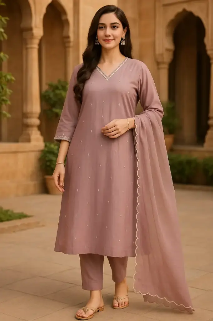 elegant mauve kurti set simple embroidered ethnic wear women