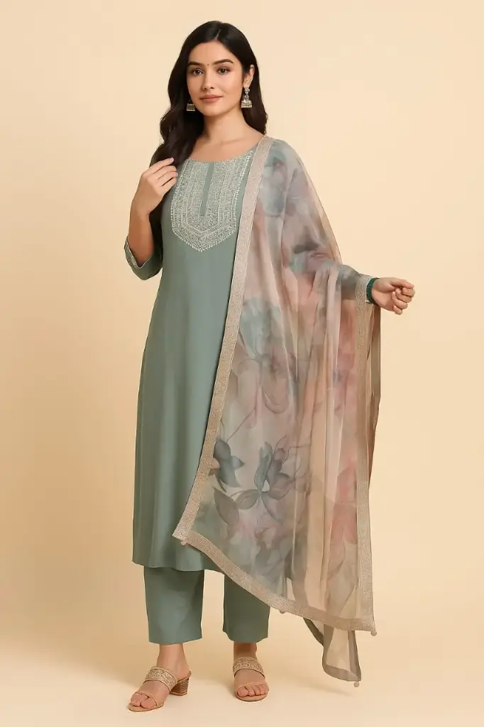 sage green embroidered kurti set with floral organza dupatta