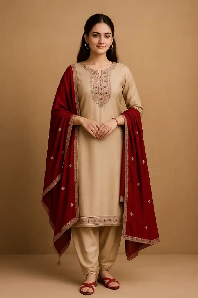 beige embroidered kurta set with maroon dupatta traditional wear
