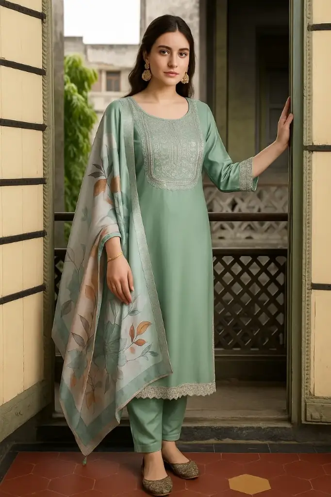 sage green embroidered kurta set with floral dupatta ethnic wear women