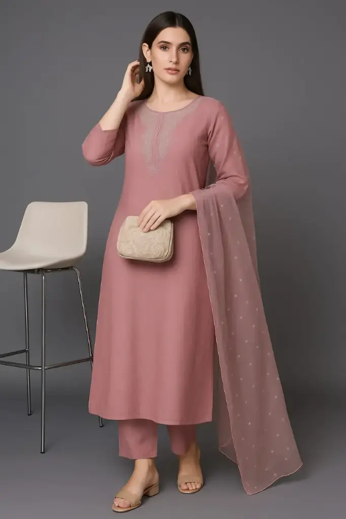 dusty rose pink embroidered kurta set with net dupatta women ethnic