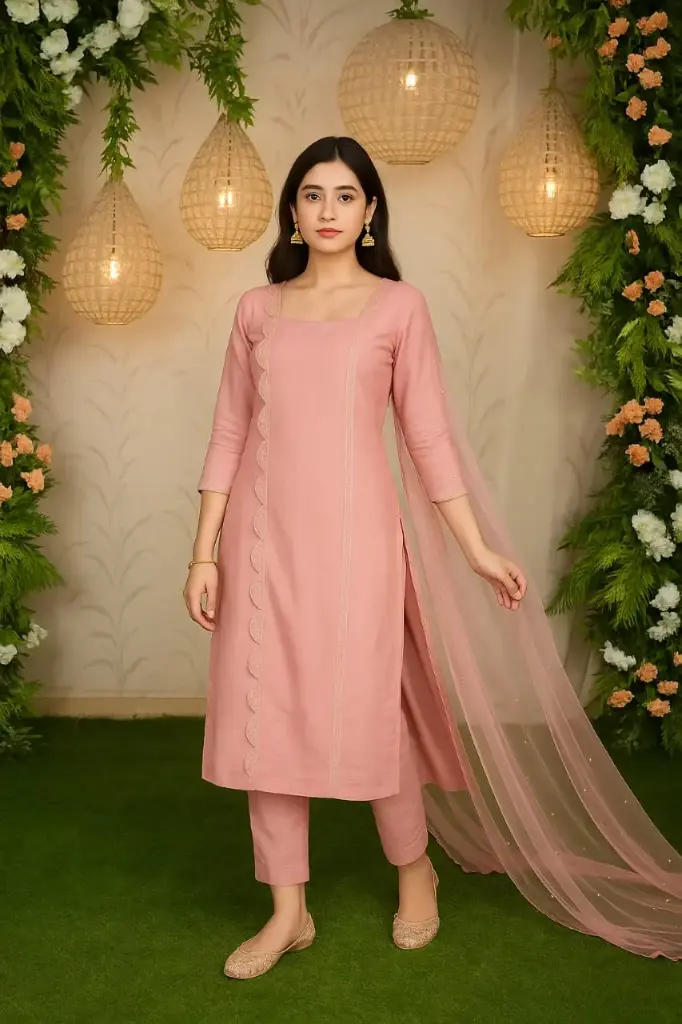 peach embroidered straight kurta set with net dupatta women ethnic wear