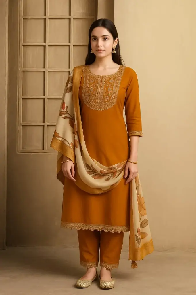 mustard yellow embroidered kurta trouser set women traditional wear