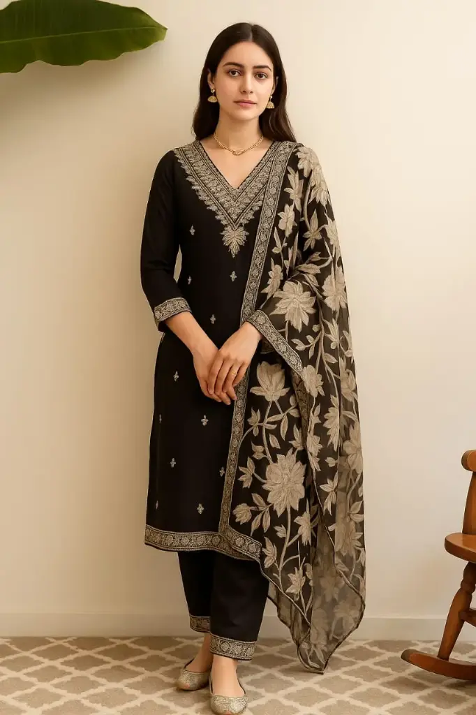 black embroidered kurta set with floral dupatta women ethnic wear