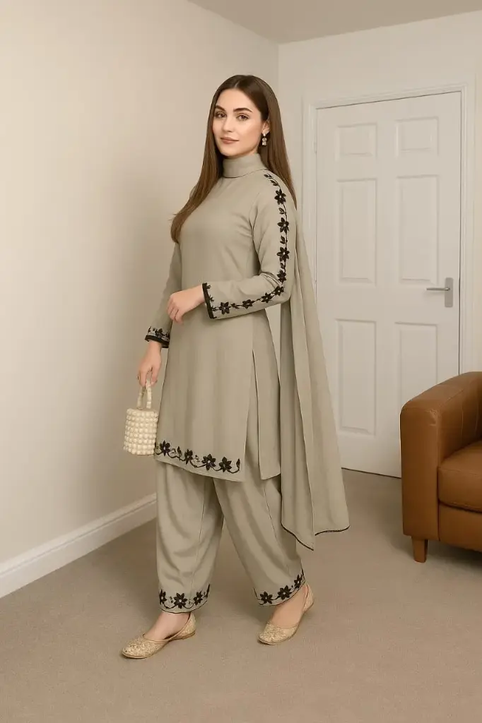 sage green floral embroidered kurta trouser set with dupatta modern ethnic wear