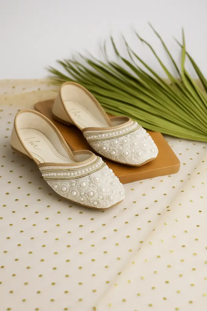 handcrafted pearl beaded ivory juttis traditional women footwear