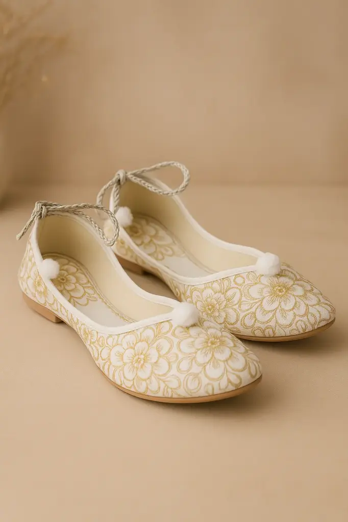 Traditional White & Gold Floral Jutti for Women – Embroidered Punjabi Flats