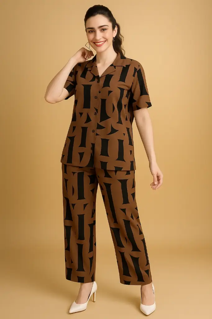 Retro Typography Co-ord Set – Coffee Brown & Black Printed Two-Piece for Bold Street Style