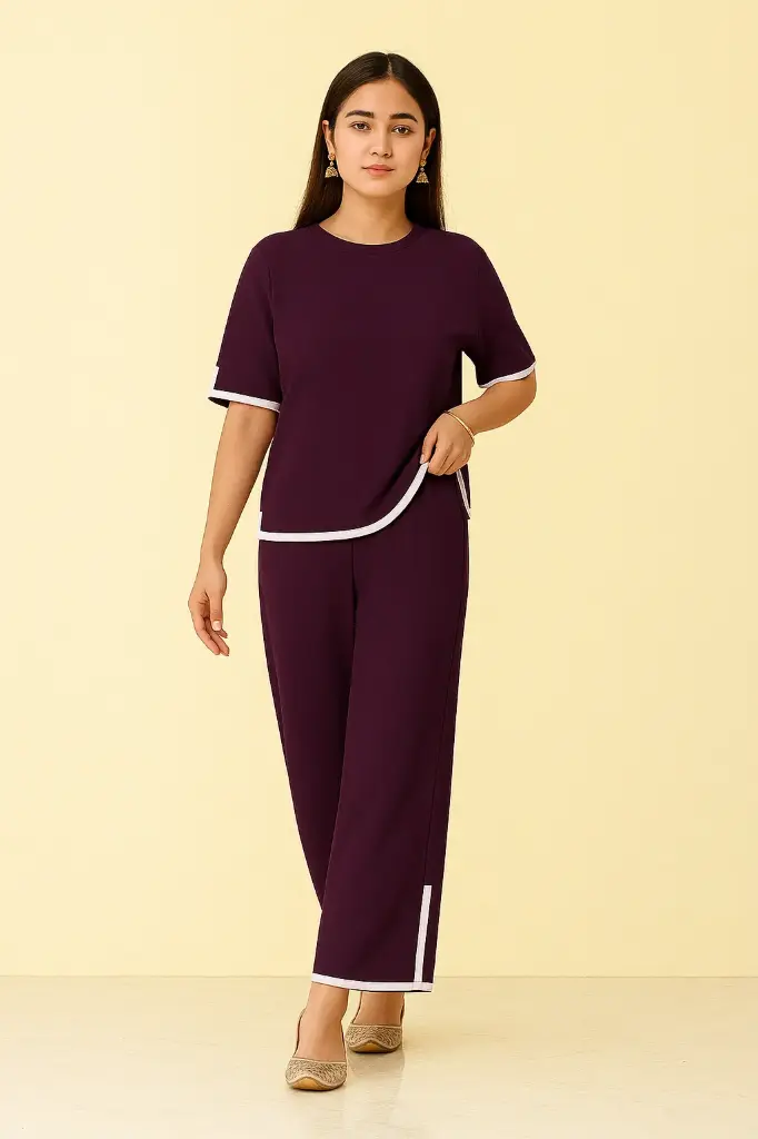 Women's Stylish Purple Co-ord Set with White Border | Elegant Western Two-Piece Outfit for Casual & Party Wear