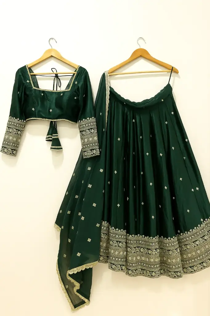 Velvet Teal Green Embroidered Lehenga Choli With Dupatta