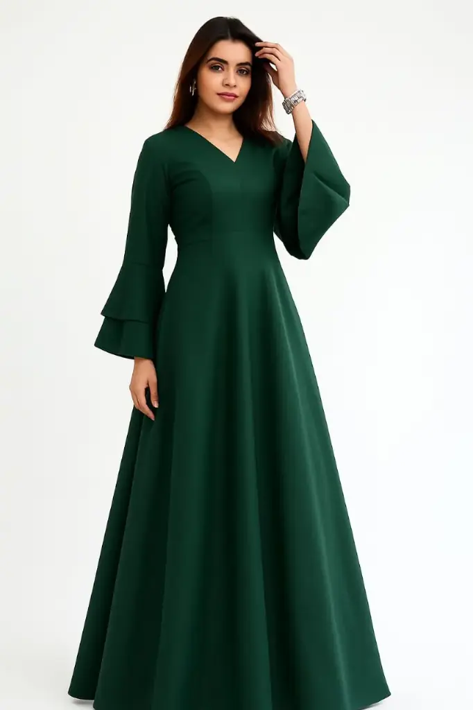 Elegant Emerald Green Flared Ethnic Gown for Women with Bell Sleeves and V Neckline