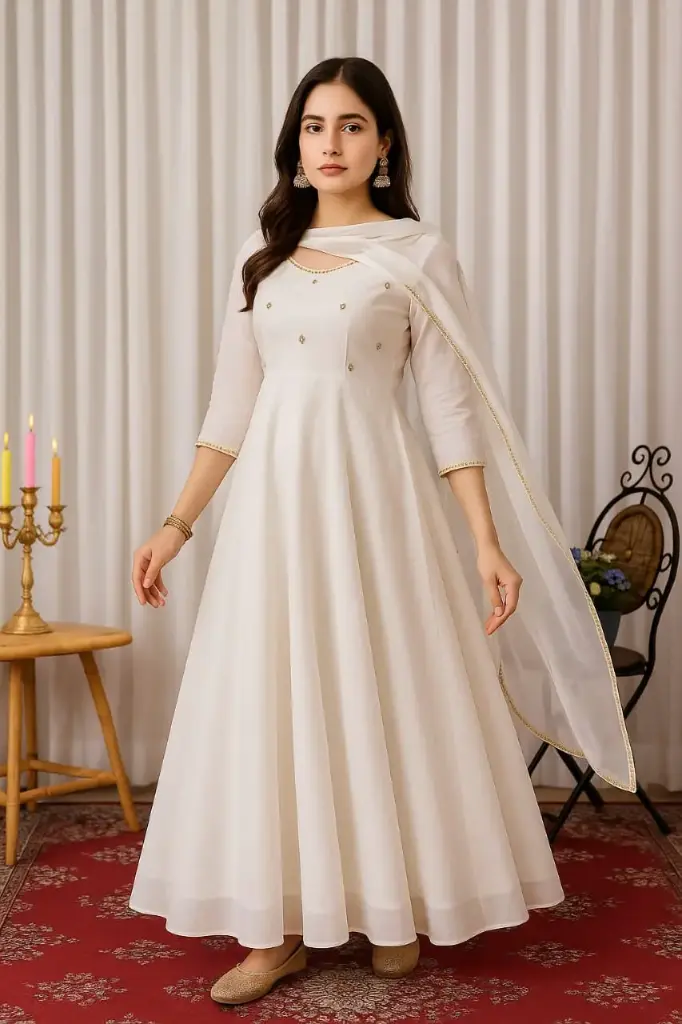 Graceful Off-White Anarkali Ethnic Gown for Women with Subtle Embroidery and Sheer Dupatta
