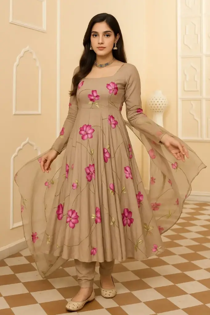Beige Floral Embroidered Anarkali Suit for Women with Sheer Dupatta