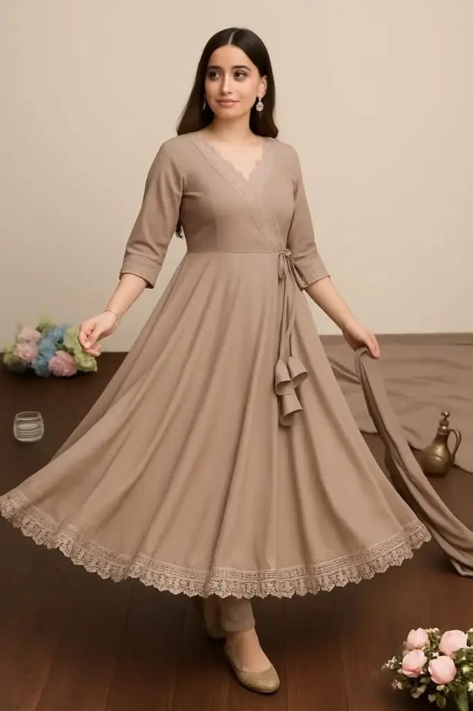 Taupe Ethnic Gown for Women with Lace Hem and V-Neck Wrap Design