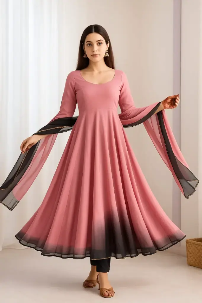 Rose Pink Ethnic Gown for Women with Flared Hem and Black Ombre Border