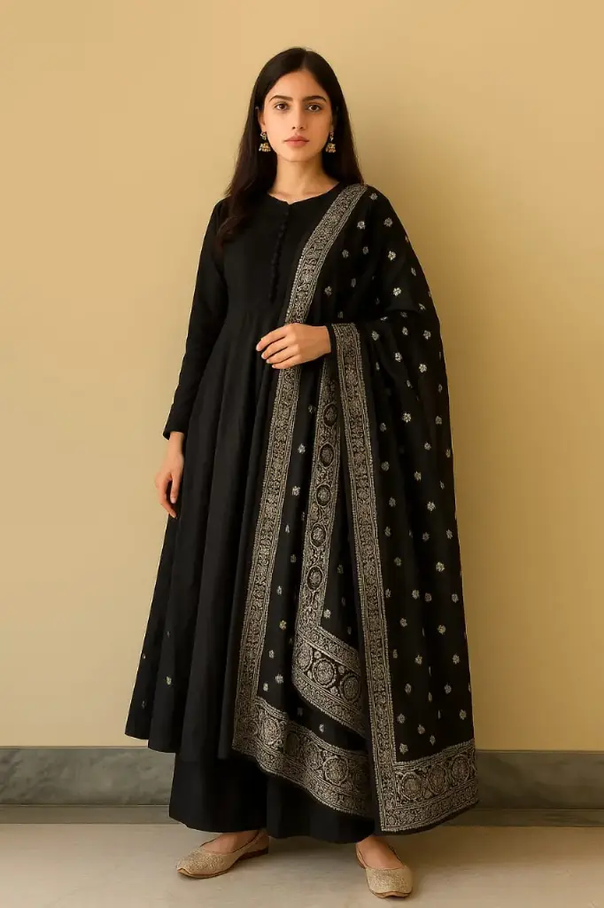Classic Black Ethnic Gown with Zari Dupatta and Button Detailing