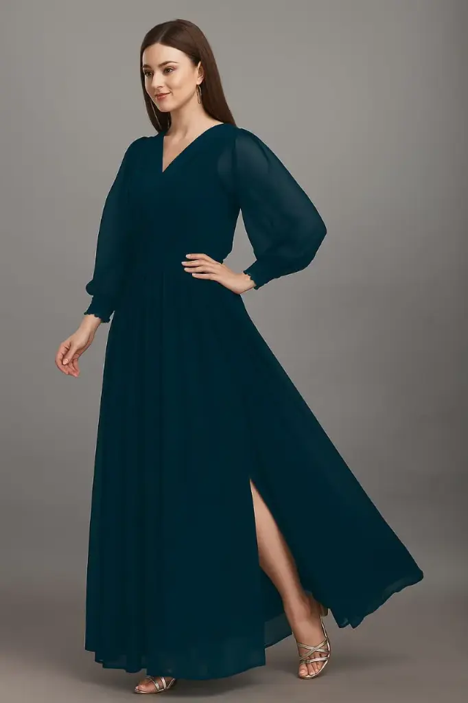 Elegant Teal Blue Ethnic Gown with Puff Sleeves and Side Slit