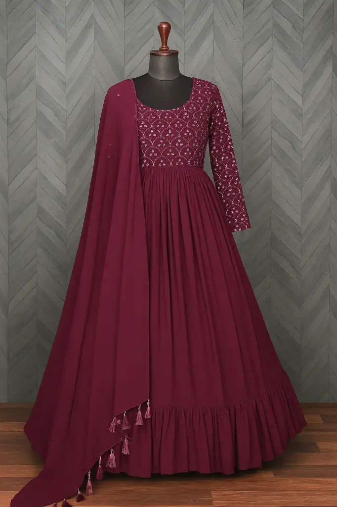 Burgundy Embroidered Anarkali Gown with Dupatta | Elegant Ethnic Wear for Women
