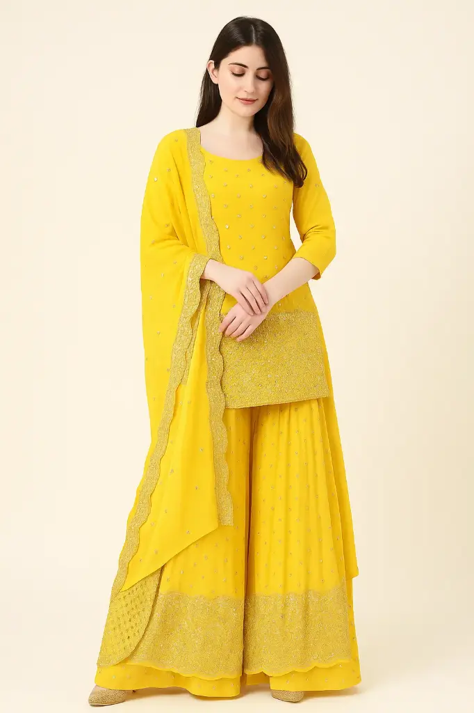 Yellow Embroidered Sharara Suit with Dupatta