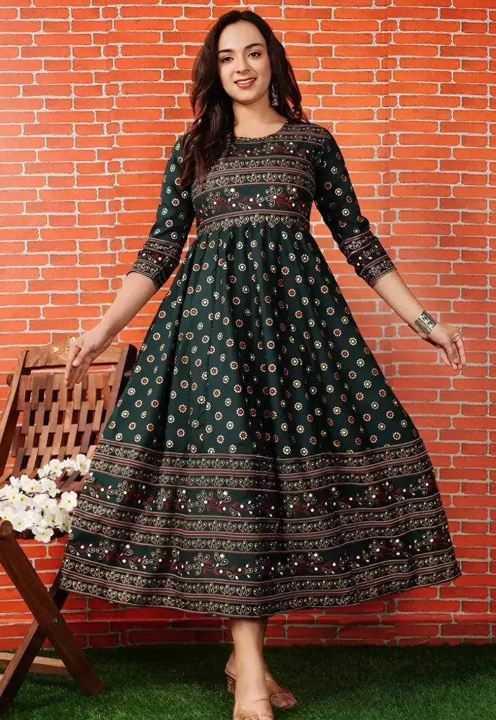 Printed Dark Green Anarkali Kurti For Women