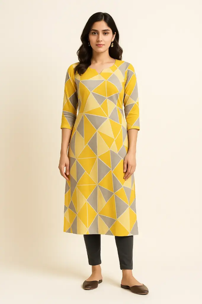 Mustard & Grey Geometric Print Cotton Straight Kurta for Women – 3/4-Sleeve Office-Wear