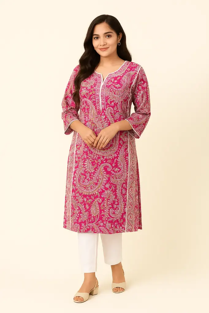Fuchsia Paisley Printed Cotton Straight Kurta – Women’s 3/4-Sleeve Daily Ethnic Wear