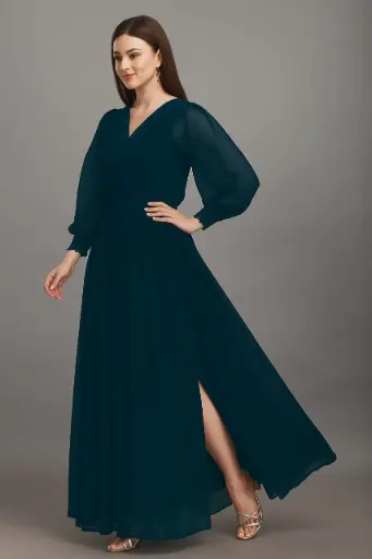 Elegant Teal Blue Ethnic Gown with Puff Sleeves and Side Slit