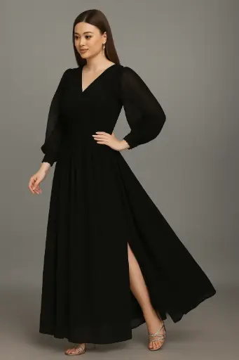"Elegant Black Ethnic Gown for Women – Full-Length Flared Anarkali Style Dress with Sheer Sleeves"