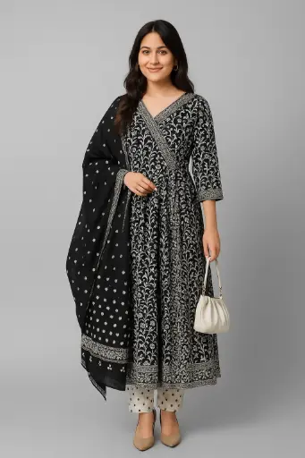 Black Royon Kurta Set With Dupatta