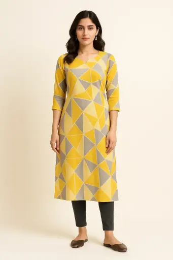 Mustard & Grey Geometric Print Cotton Straight Kurta for Women – 3/4-Sleeve Office-Wear