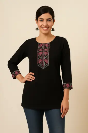 Black Cotton Kurti with Fuchsia Floral Embroidery – Round-Neck 3/4-Sleeve Ethnic Top