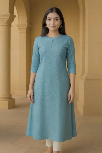 Teal Blue Jacquard A-Line Kurta – Minimalist Cotton Blend 3/4-Sleeve Women’s Dress