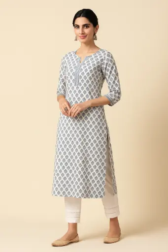 Elegant Blue and White Printed Kurta Set with White Pants – Ethnic Wear for Women