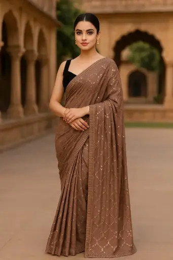 Mocha Brown Embellished Party Wear Saree