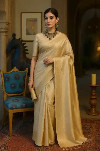 Golden Beige Silk Saree with Statement Look