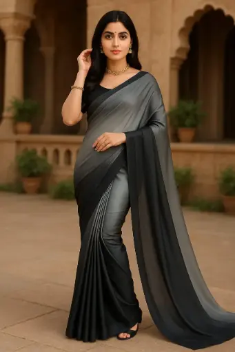 Charcoal Grey Satin Saree for Evening Wear