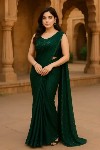 Emerald Green Sequin Party Wear Saree