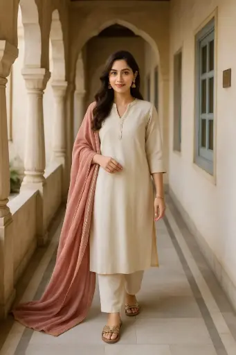 cream solid kurti set with rose dupatta minimal ethnic look