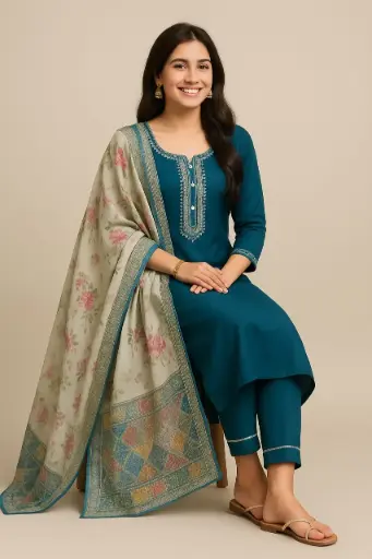 teal ethnic kurta set with floral dupatta casual wear women