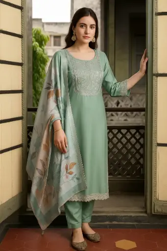 sage green embroidered kurta set with floral dupatta ethnic wear women
