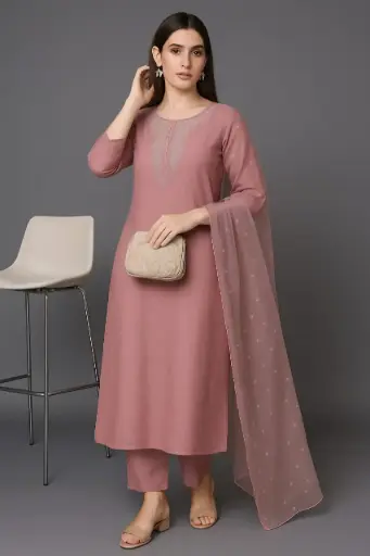 dusty rose pink embroidered kurta set with net dupatta women ethnic