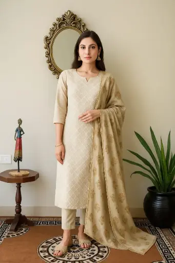 beige embroidered kurta trouser set with dupatta women ethnic wear
