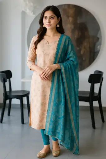peach printed kurta with teal dupatta and leggings women ethnic set